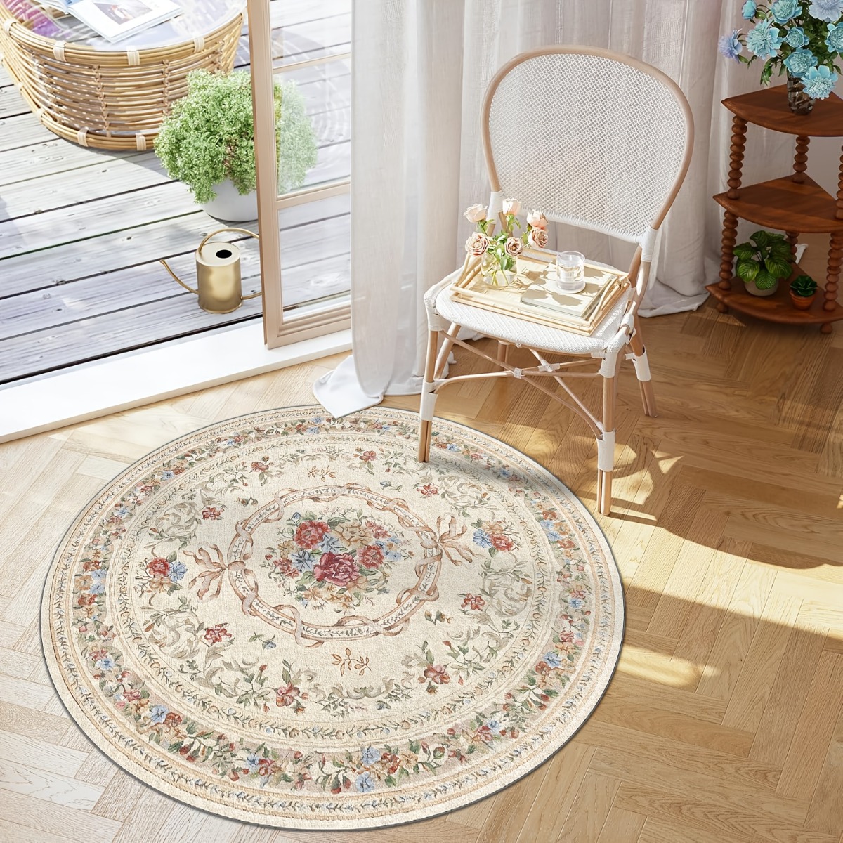 Home Decor Retailers - Round Vintage Floral Bouquet Print Rug